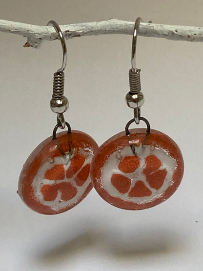 Orange slice round dangles Fused Glass Drop Earrings. Fun colors.
