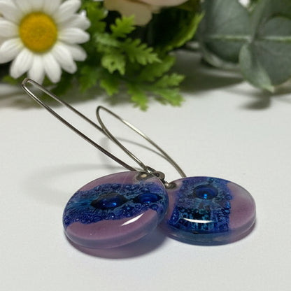 Long fused glass Drop earrings. Lavender and Blue Sand V-wire recycled glass dangles.