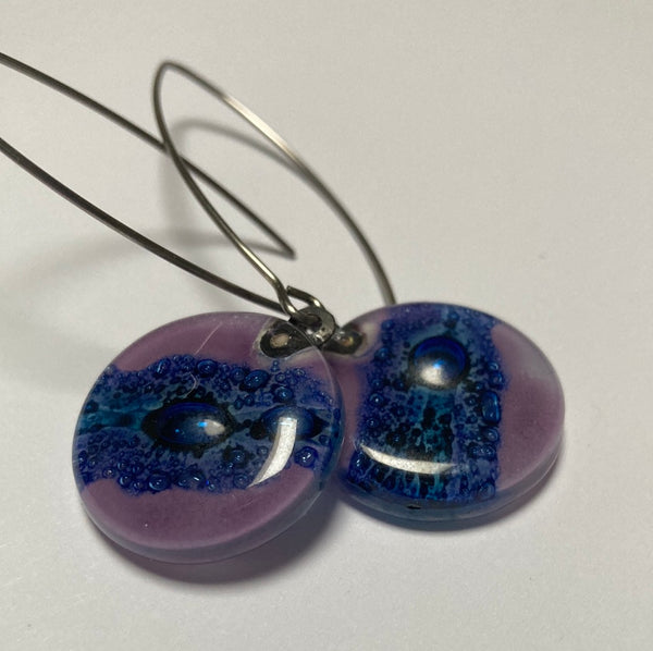 Long fused glass Drop earrings. Lavender and Blue Sand V-wire recycled glass dangles.