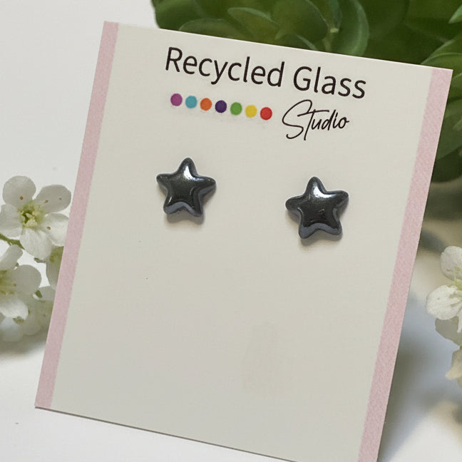 Black Star Recycled Glass Post  Stud Earrings - Hypoallergenic steel