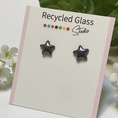 Black Star Recycled Glass Post  Stud Earrings - Hypoallergenic steel