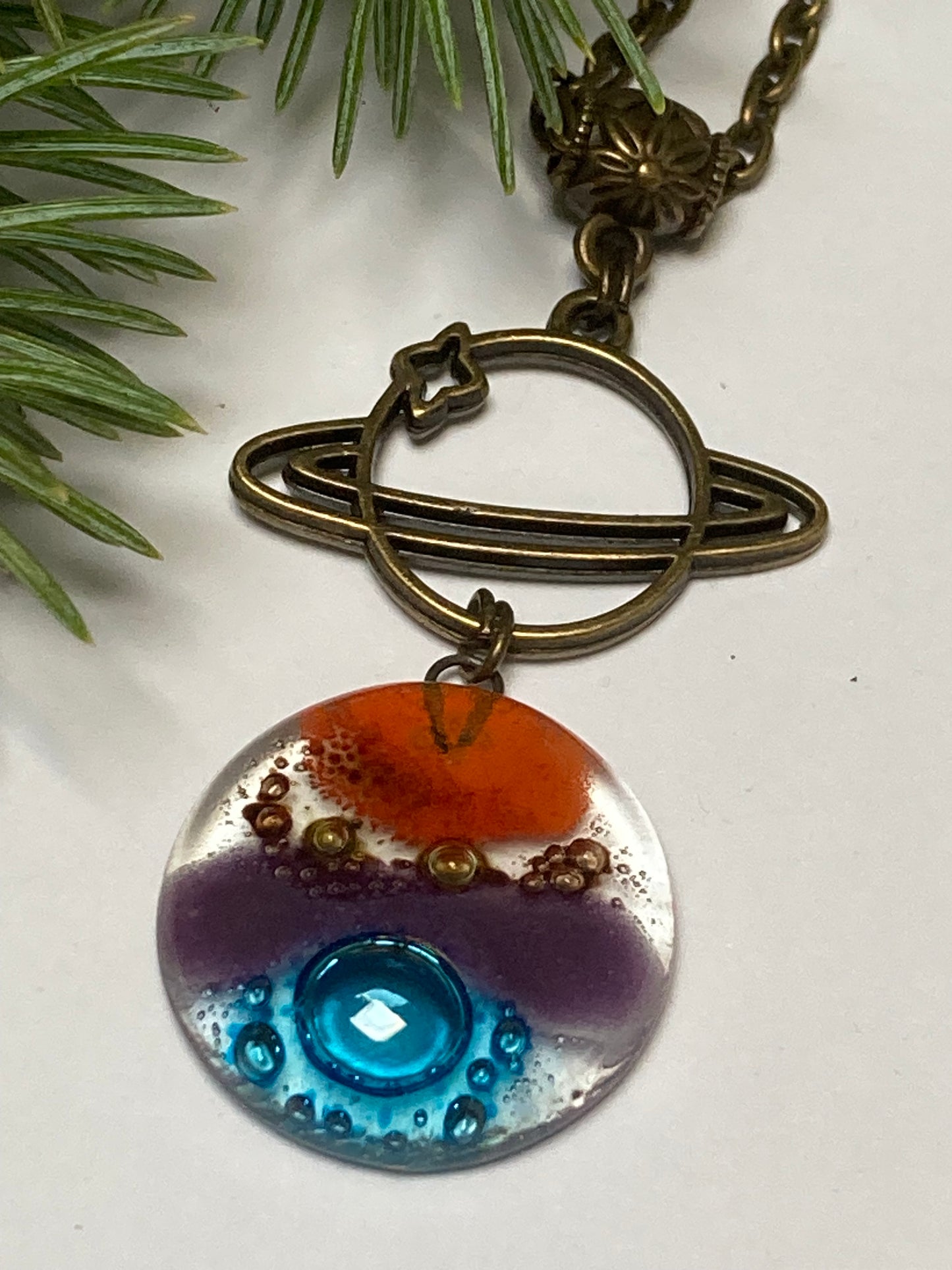 Long planet- Recycled Glass pendant. Long Fused Glass necklace