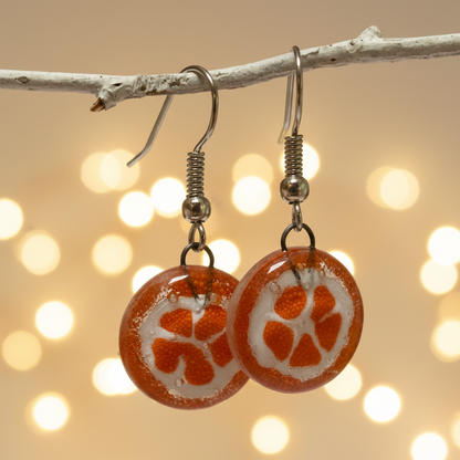 Orange slice round dangles Fused Glass Drop Earrings. Fun colors.