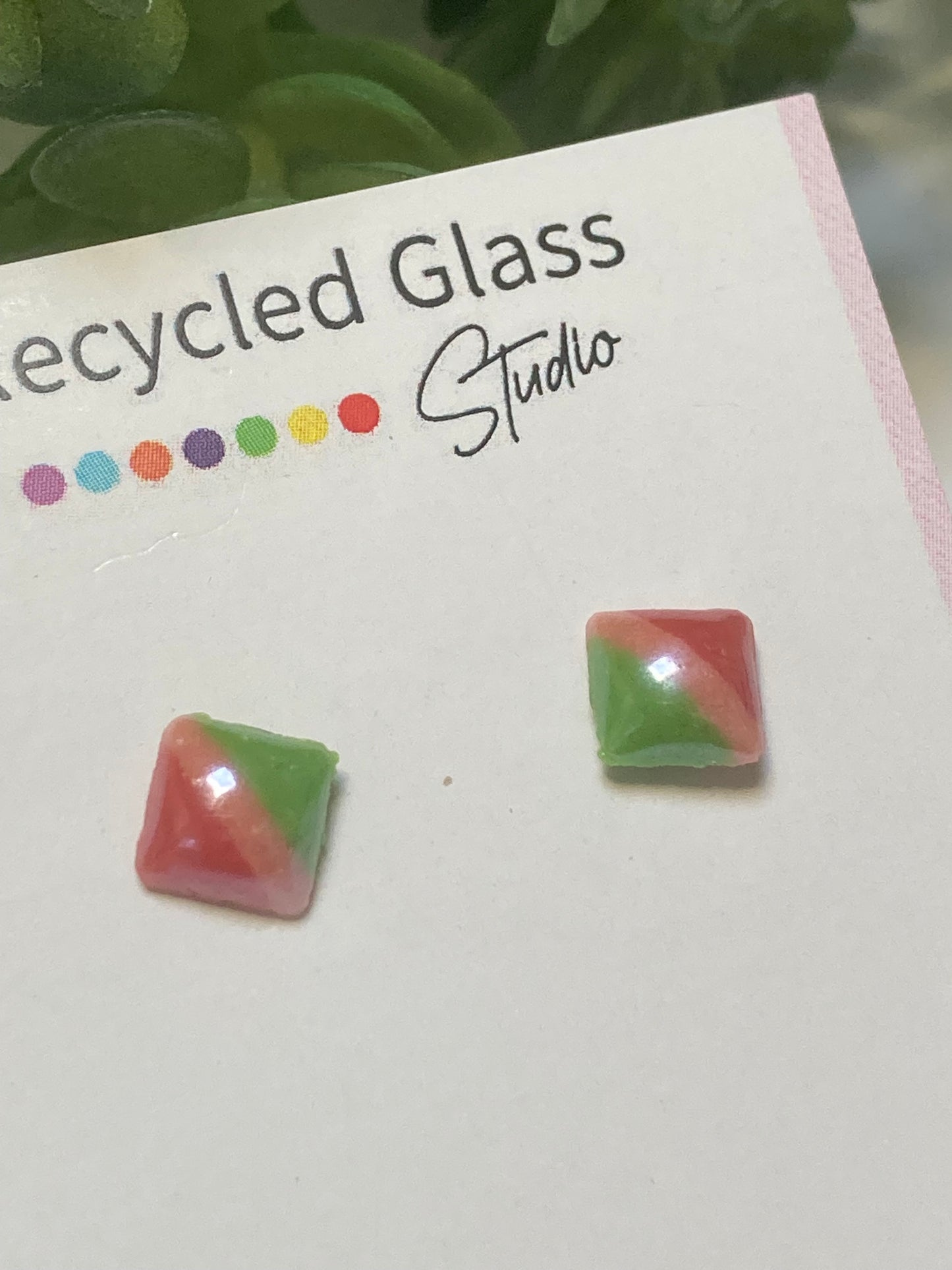 Red, Pink and Green Glass Square studs
