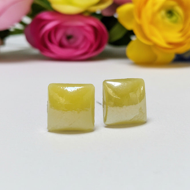 air of 8mm handmade square geometric stud earrings crafted from vibrant sunny yellow recycled glass pearlized tiles with hypoallergenic stainless steel posts.