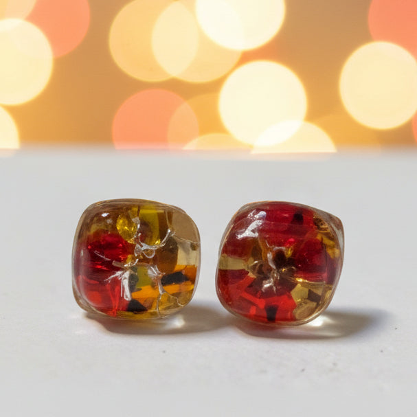 Mosaic Small square post Earrings. Colorful Fused Glass Studs. Recycled Glass jewelry. Stud earrings.