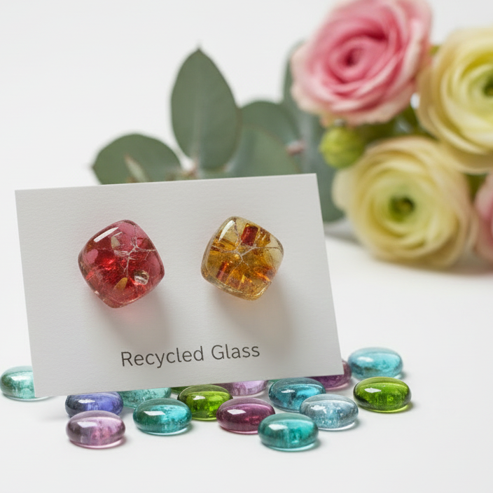 Mosaic Small square post Earrings. Colorful Fused Glass Studs. Recycled Glass jewelry. Stud earrings.