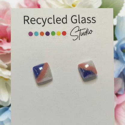 Blue, Pink and white Glass Square studs