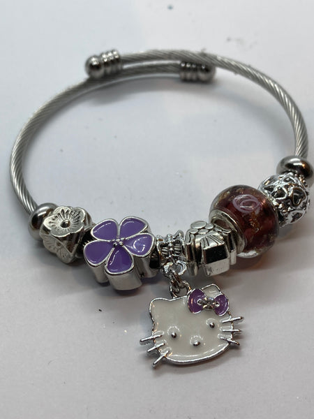 Purple kitty expandable stainless Steel bracelet Charm Bead. Expandable handmade stretch memory wire. LARGE One size fits most