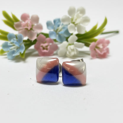 Blue, Pink and white Glass Square studs