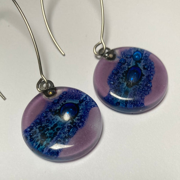 Long fused glass Drop earrings. Lavender and Blue Sand V-wire recycled glass dangles.