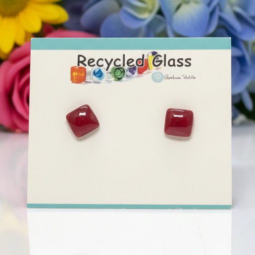 Handcrafted red square geometric recycled glass stud earrings with hypoallergenic stainless steel posts by Recycled Glass Studio
