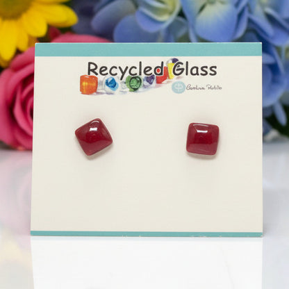 Handcrafted red square geometric recycled glass stud earrings with hypoallergenic stainless steel posts by Recycled Glass Studio