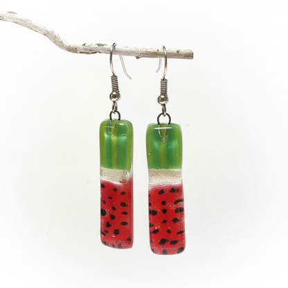 Long ‘Watermelon’ Recycled Fused Glass Dangling earrings