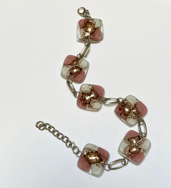 MICHAELRecycled Fused Glass Pink, Brown and White Bracelet