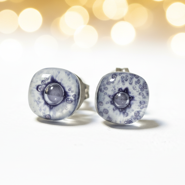 Post Earrings. Recycled glass Earrings. Purple-gray and white Earrings Studs