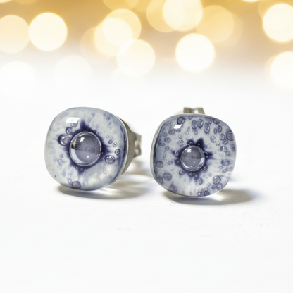 Post Earrings. Recycled glass Earrings. Purple-gray and white Earrings Studs