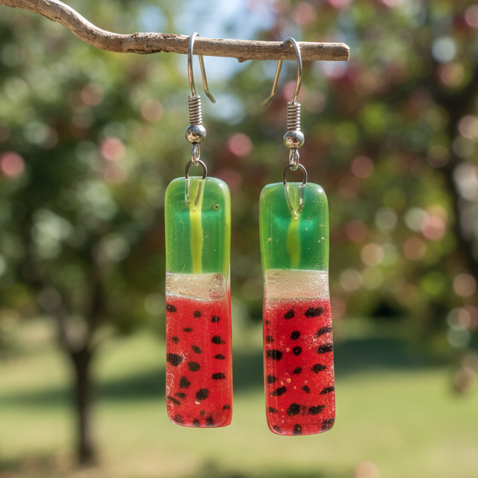 Long ‘Watermelon’ Recycled Fused Glass Dangling earrings