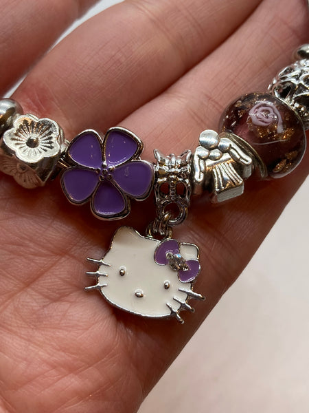Purple kitty expandable stainless Steel bracelet Charm Bead. Expandable handmade stretch memory wire. LARGE One size fits most