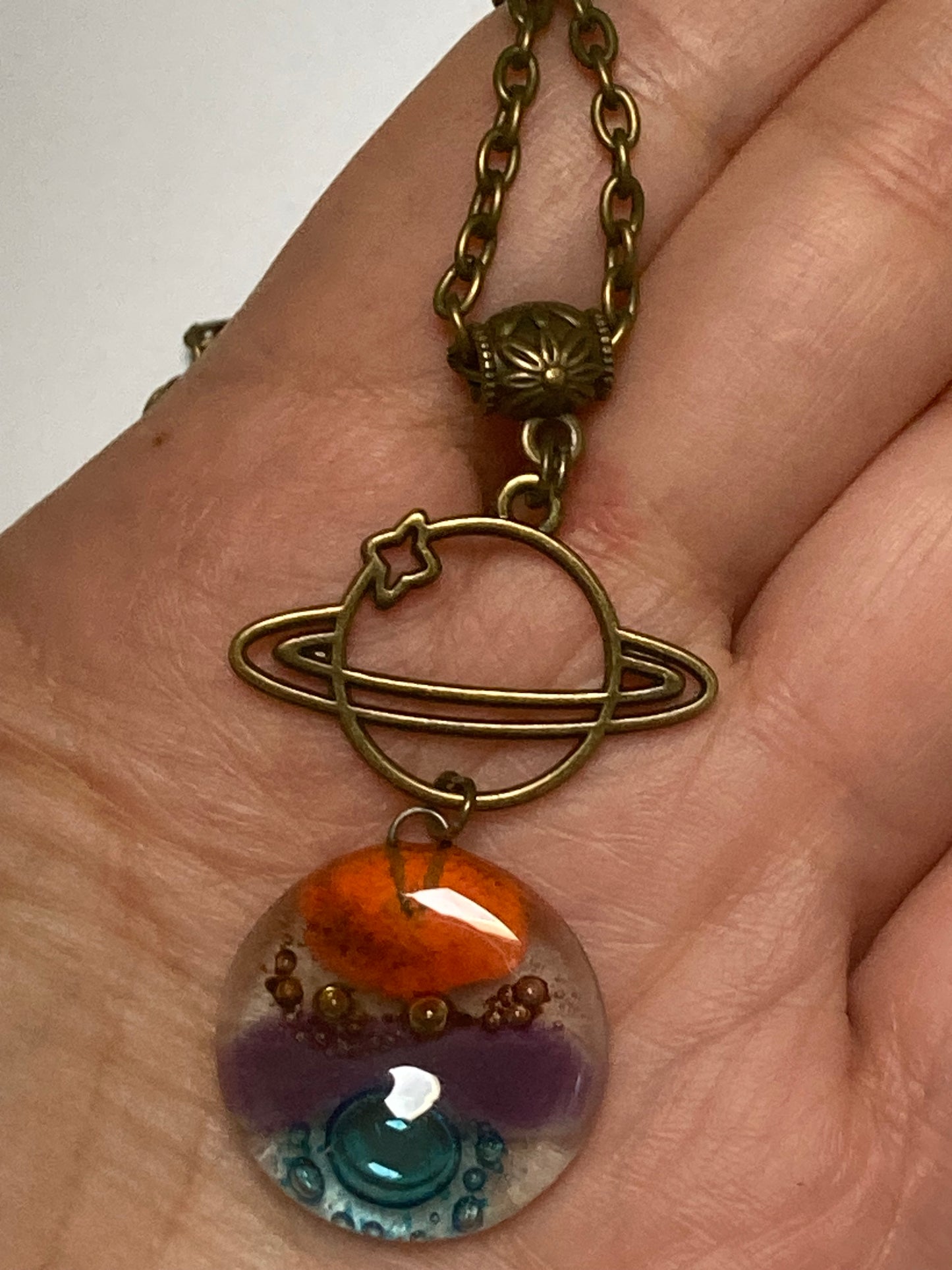 Long planet- Recycled Glass pendant. Long Fused Glass necklace