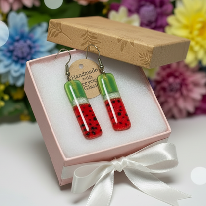 Long ‘Watermelon’ Recycled Fused Glass Dangling earrings