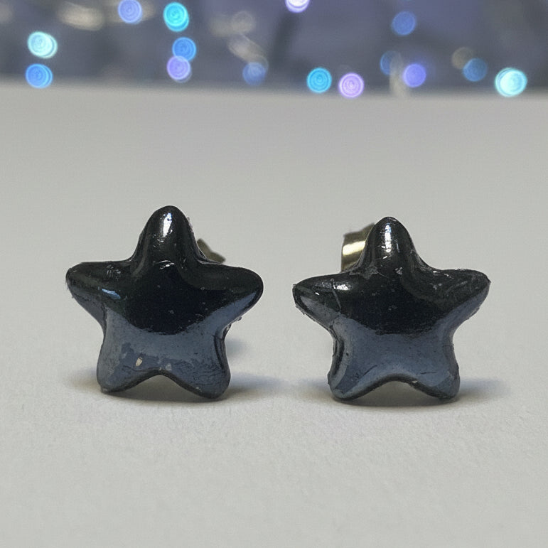 Black Star Recycled Glass Post  Stud Earrings - Hypoallergenic steel