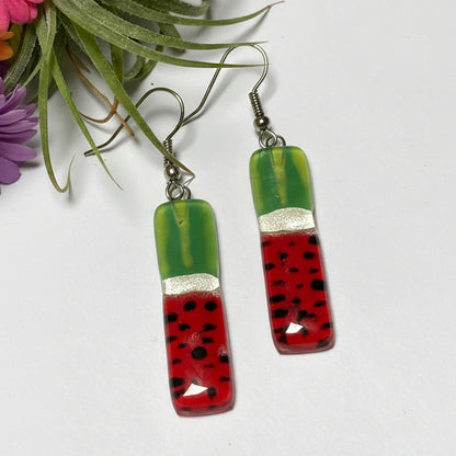 Long ‘Watermelon’ Recycled Fused Glass Dangling earrings