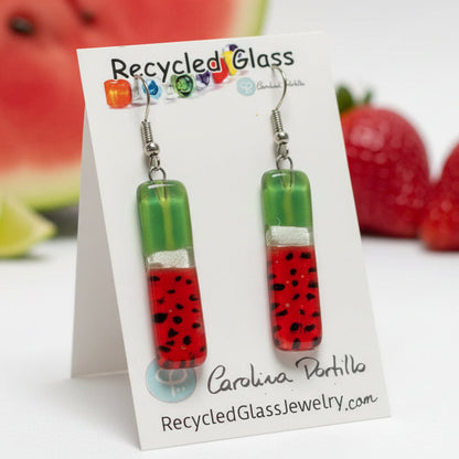 Long ‘Watermelon’ Recycled Fused Glass Dangling earrings