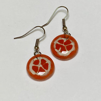 Orange slice round dangles Fused Glass Drop Earrings. Fun colors.