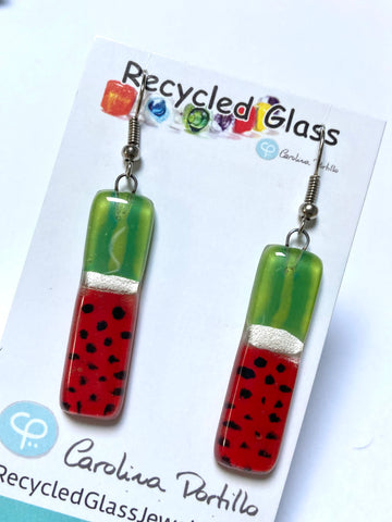 Long ‘Watermelon’ Recycled Fused Glass Dangling earrings