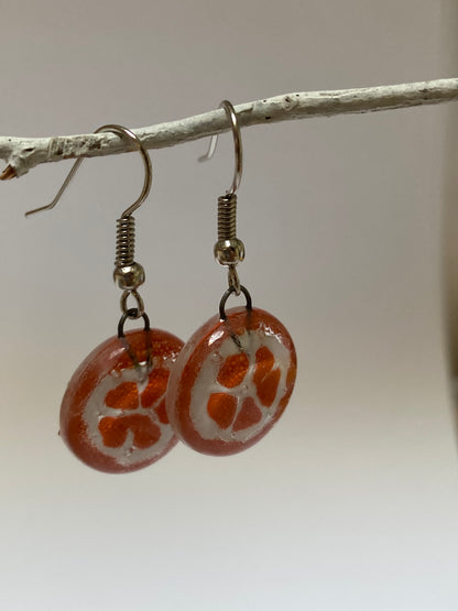 Orange slice round dangles Fused Glass Drop Earrings. Fun colors.
