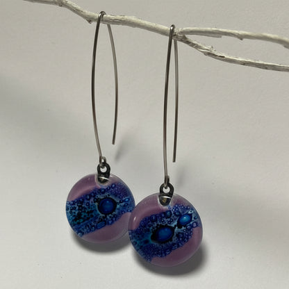 Long fused glass Drop earrings. Lavender and Blue Sand V-wire recycled glass dangles.
