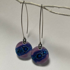 Long fused glass Drop earrings. Lavender and Blue Sand V-wire recycled glass dangles.