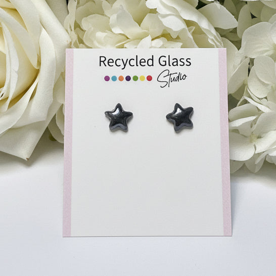 Black Star Recycled Glass Post  Stud Earrings - Hypoallergenic steel