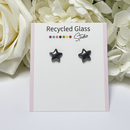 Black Star Recycled Glass Post  Stud Earrings - Hypoallergenic steel