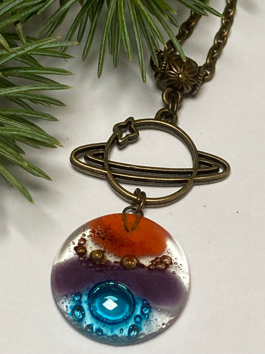 Long planet- Recycled Glass pendant. Long Fused Glass necklace