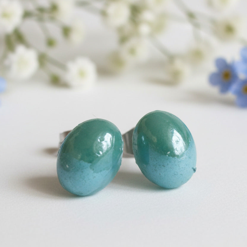 Teal Glass oval dots Studs
