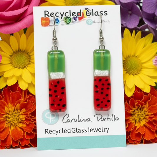 Long ‘Watermelon’ Recycled Fused Glass Dangling earrings