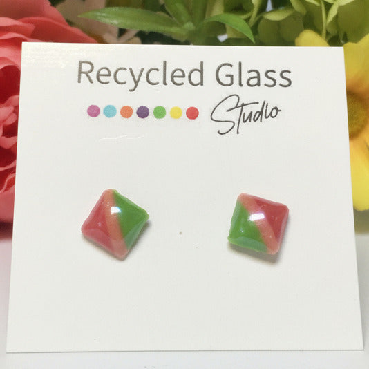 Red, Pink and Green Glass Square studs
