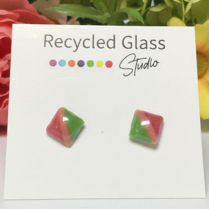 Red, Pink and Green Glass Square studs