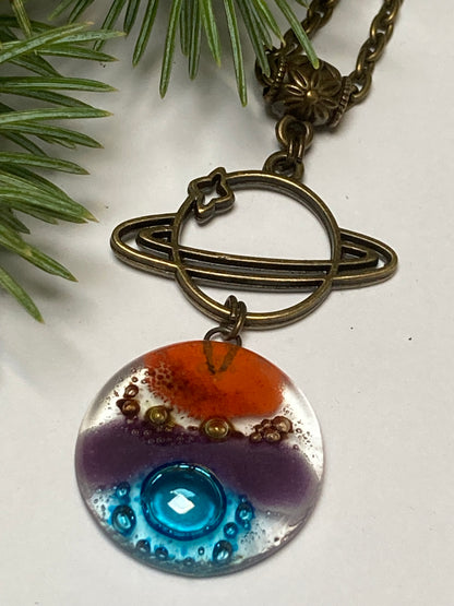 Long planet- Recycled Glass pendant. Long Fused Glass necklace