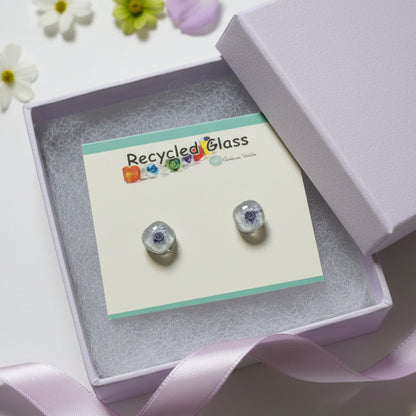 Post Earrings. Recycled glass Earrings. Purple-gray and white Earrings Studs