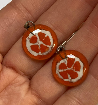 Orange slice round dangles Fused Glass Drop Earrings. Fun colors.