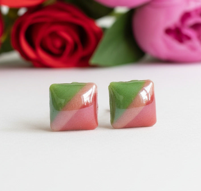 Red, Pink and Green Glass Square studs