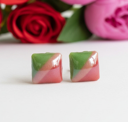 Red, Pink and Green Glass Square studs