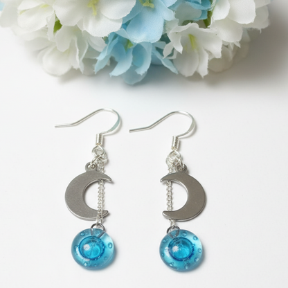 Small moon dangling earrings. Teal, aqua, blue drops.  Recycled glass.  Handcrafted.