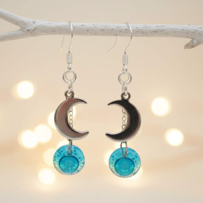 Small moon dangling earrings. Teal, aqua, blue drops.  Recycled glass.  Handcrafted.