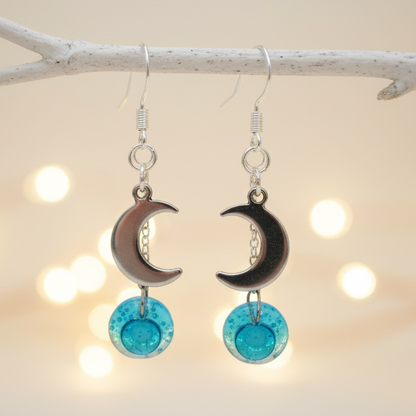 Small moon dangling earrings. Teal, aqua, blue drops.  Recycled glass.  Handcrafted.