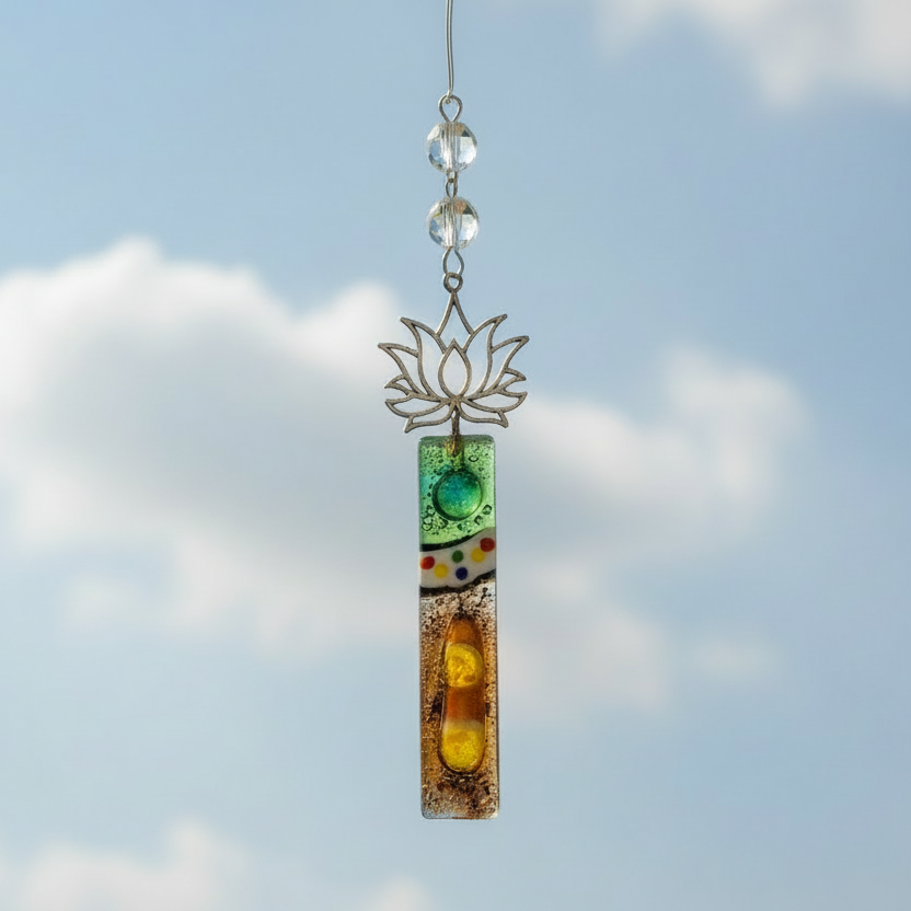 Brown and green fused glass lotus flower ornament.