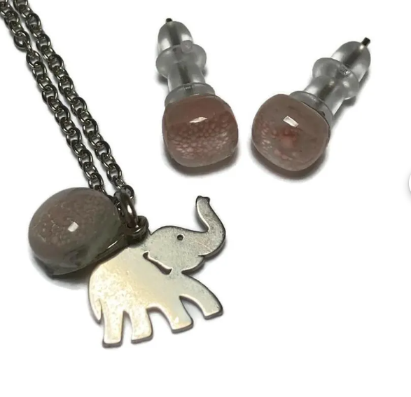 Elephant themed set. Post studs earrings and pendant. Recycled Fused glass pendant. Handmade bead. Hypoallergenic steel.